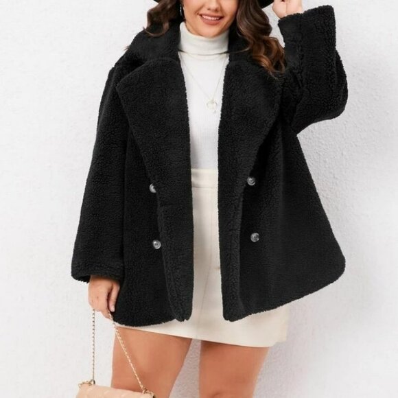 Plus Size  Double Breasted Teddy Coat Jacket fall winter black - Picture 1 of 6